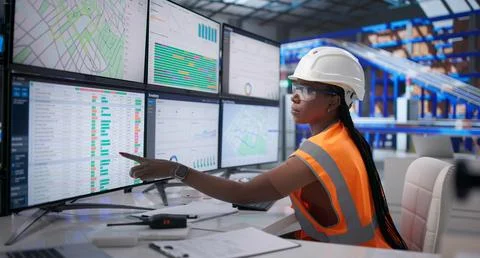 Young Woman Uses Computer Software To Manage Warehouse Logistics Efficiently. 库存照片