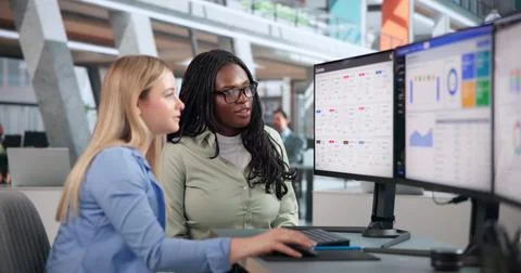 Young Woman Uses Computer Software To Track Business Travel Expenses. Stock Photos
