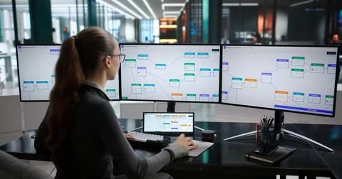Young Woman Uses Computer Software To Improve Business Workflow Efficiency. Stock Photos