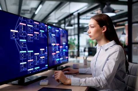 Young Woman Uses Low Code Platform To Automate Business Workflow Processes. 스톡 사진