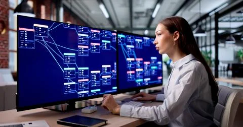 Young Woman Uses Low Code Platform To Build Automation Workflows Rapidly. Stockfoto's