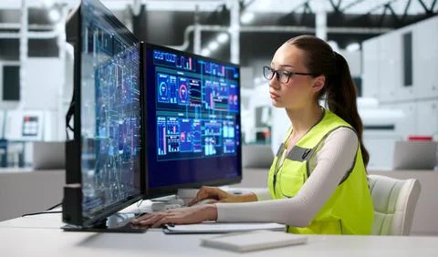 Young Woman Uses Software Tools To Design Complex Multilayer PCB Layout. Stock Photos