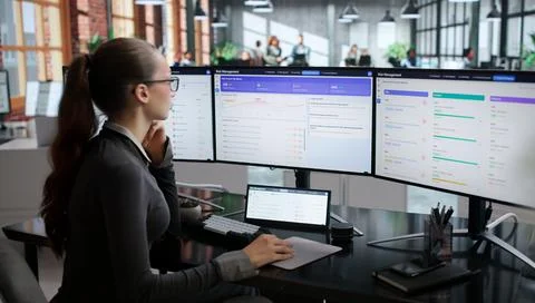 Young Woman Using Computer To Analyze Financial Data For Strategic Planning. Stock Photos