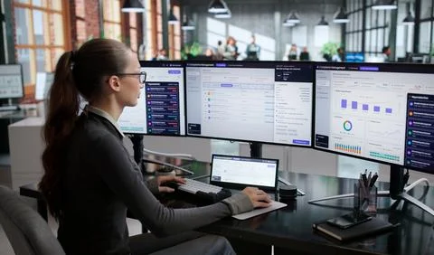 Young Woman Using Computer To Analyze Customer Complaint Trends For Solutions Stock Photos