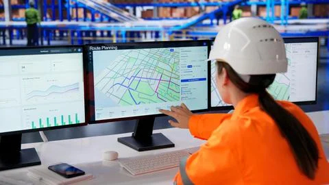 Young Woman Using Computer To Efficiently Track Warehouse Supply Chain. Fotos Stock