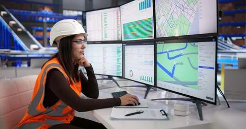 Young Woman Using Computer To Manage Delivery Logistics In Busy Warehouse. Stock Photos