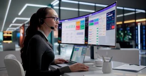 Young Woman Using Computer To Manage Call Center Support System. Stock Photos