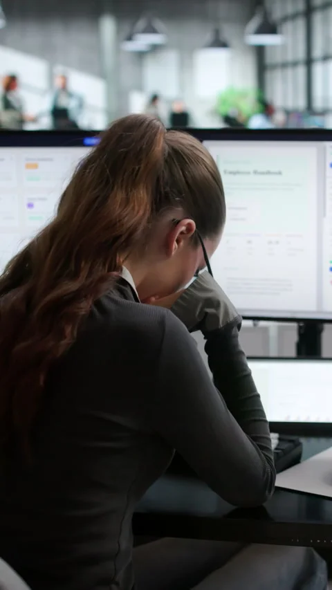 Young Woman Using Computer To Organize Documents Stock Footage 345330499