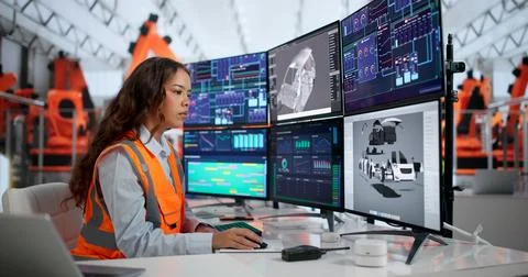 Young Woman Using Computer Software To Design Car Parts In Factory. Fotos Stock