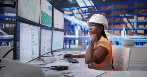 Young Woman Using Computer Software To Manage Warehouse Logistics And Deliver Fotos Stock