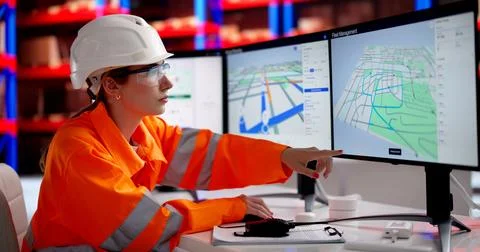 Young Woman Using Computer Software At Logistics Center To Track Delivery. Stock Photos