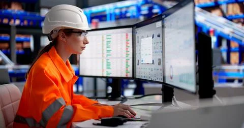 Young Woman Using Computer To Track And Manage Warehouse Inventory Efficientl Stock Photos