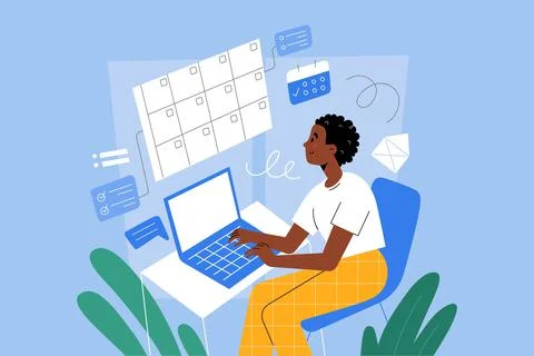 Young woman using digital planner, personal calendar, young girl sitting at Stock Illustration