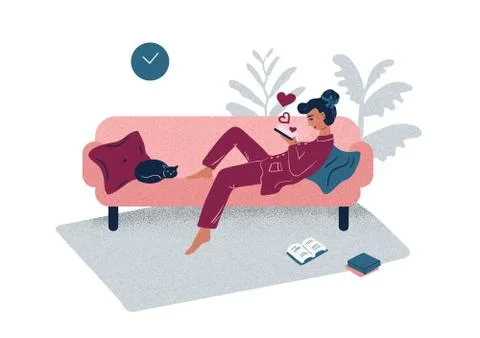 Young woman using a gadget while lying on a sofa at home. Stock-Illustration