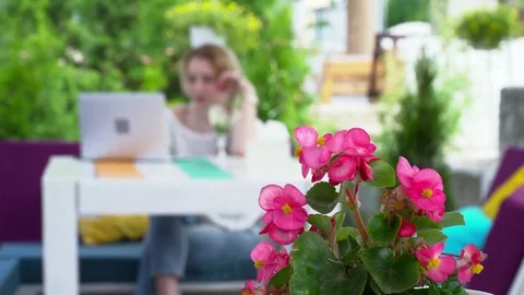 Young woman using her cellphone and laptop in the summer restaurant Stock Footage