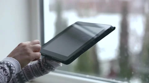 Young Woman Using Her Touchpad Online Order Stock Footage 61430664