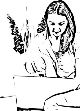 Young woman using laptop in bed Sketch vector Sketch vector Stock Illustration