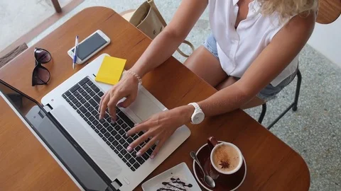 Young Woman Using Laptop In Cafe with Cup of Coffee Видео 70721621