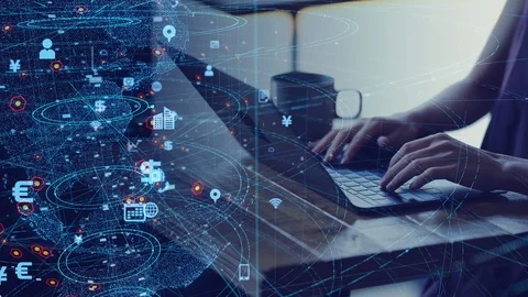 Young woman using laptop computer in cafe. IoT (Internet of Things). Stock Footage 112487219