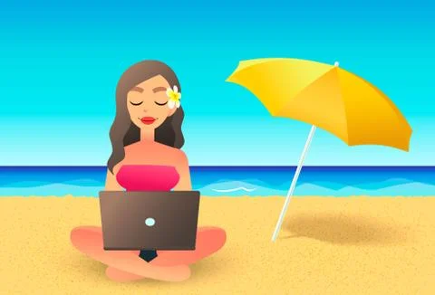 Young woman using laptop computer on a beach. Freelance work concept. Cartoon Stock Illustration