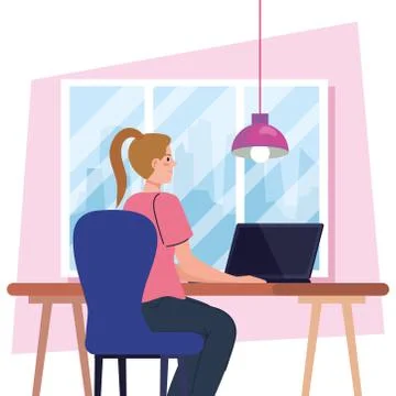 Young woman using laptop computer in desk, working online Stock Illustration