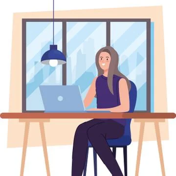 Young woman using laptop computer on desk, working online Stock Illustration