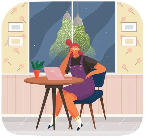 Young woman using laptop, computer. Remote work from home, freelancing, online Illustrazione stock