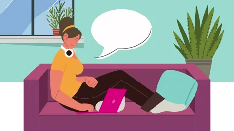 Young woman using laptop on sofa with speech bubble animation showing conce.. Stock-Footage 333807567