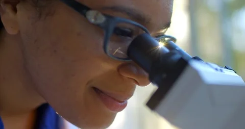 Young woman using a microscope. Stockbeeldmateriaal 88372341