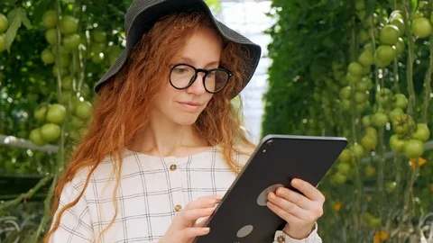 Young Woman Using or Playing Tablet in Greenhouse. Green Plant Growing in Warm Stock Footage 116774273