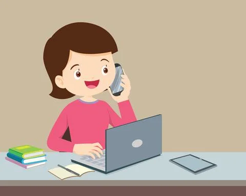 Young woman using a personal computer and mobile phone Illustrazione stock