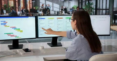 Young Woman Using Project Software To Organize Tasks On Office Computer. 写真素材