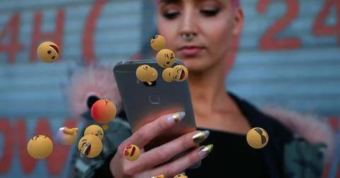 Young woman using smartphone with floating emojis, expressing digital Stock Illustration