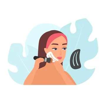 Young woman using stencil to draw contours of face while doing makeup Stock Illustration