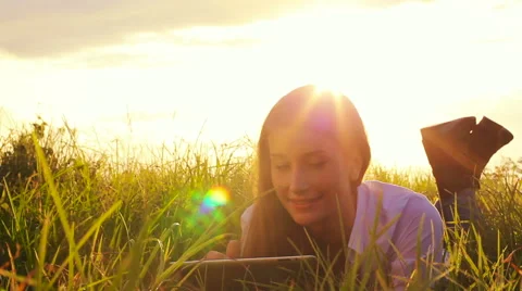 Young Woman Using Tablet Computer Touchscreen. Technology Outdoor Lifestyle. Stock Footage 56025899