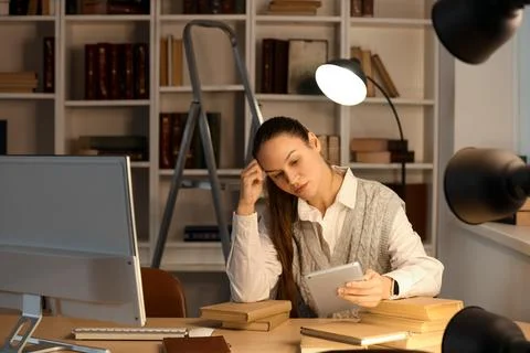 Young woman using tablet computer in library at night Stock Photos