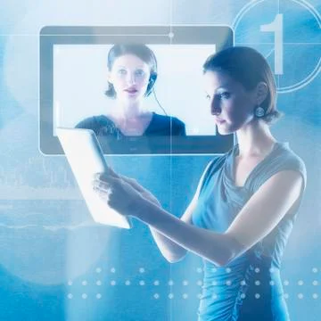 Young woman using tablet in front of monitor Stock Illustration