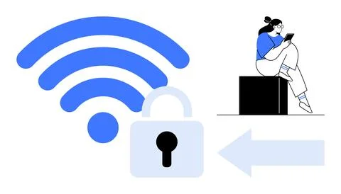 Young Woman Using Tablet Next to wireless Symbol with Padlock Emphasizing S.. 스톡 일러스트