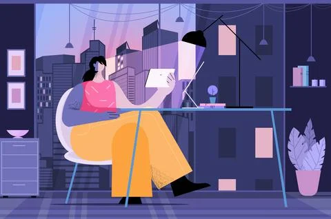 Young woman using tablet pc social media network communication concept dark 스톡 일러스트
