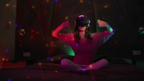 Young Woman Using Virtual Reality Headset And Looking Around On Colorful Stock Footage 229616476