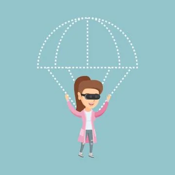 Young woman in vr headset flying with a parachute. Stock Illustration