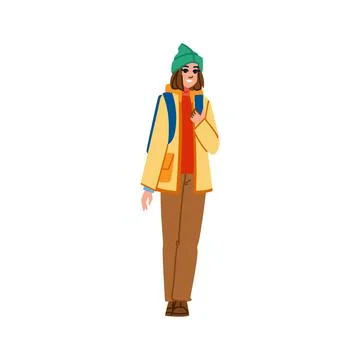 Young woman walking and using smartphone, wearing casual clothes and backpack Stock Illustration