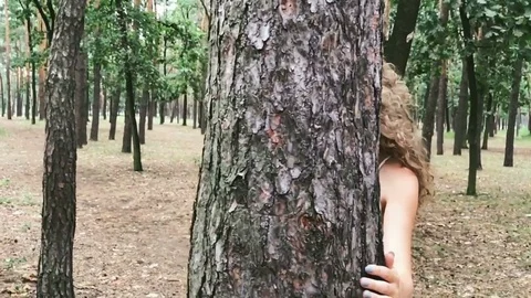 Young woman walking between trees in forest Stock Footage 79658432