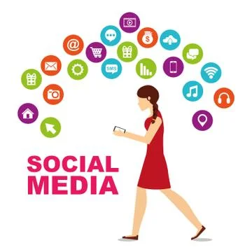 Young woman walking using mobile and differents social media icons 스톡 일러스트