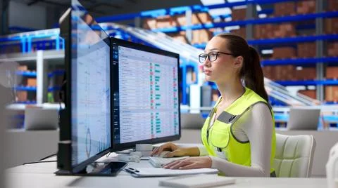 Young Woman In Warehouse Using Computer To Track Stock Levels. Stock Photos