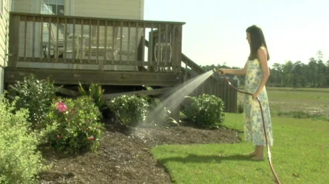 Young Woman Waters Shrubs Stock Footage