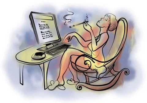 Young woman working against computer Stock Illustration