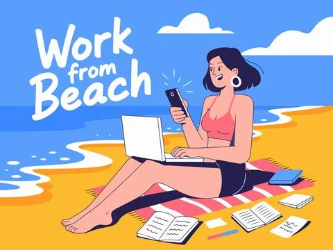 Young woman working from beach, using laptop and smartphone, sunny day, ocean Stock Illustration