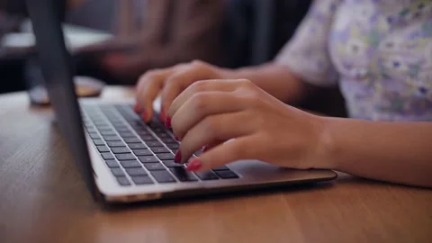 Young woman working with laptop computer in cafe. Daily people life Stock Footage 234924592