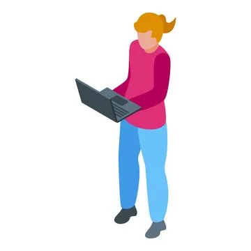 Young woman working remotely using laptop standing up isometric view Stock Illustration